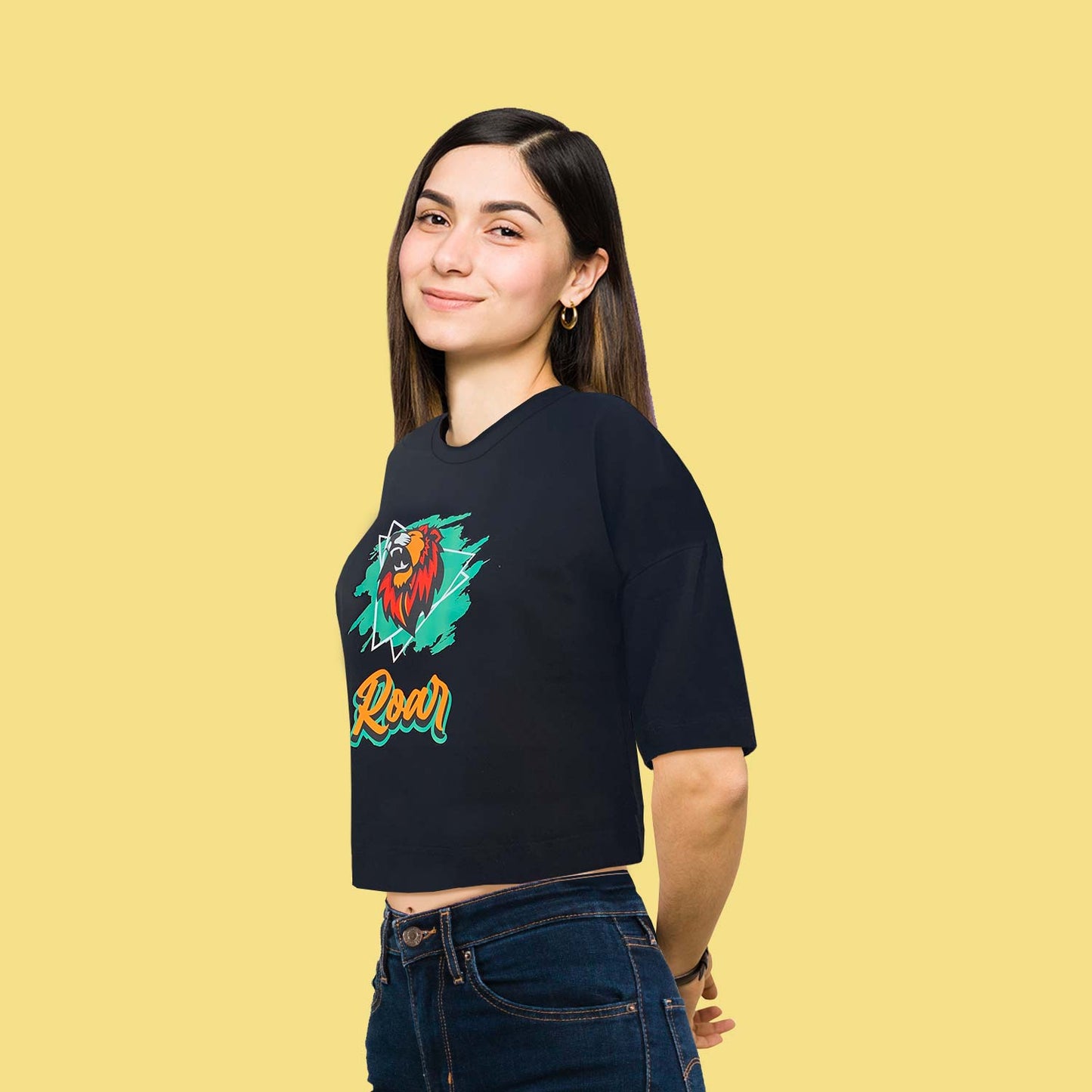 Roar Power Graphic Black trendy Oversize Crop-Top for Women and Girls