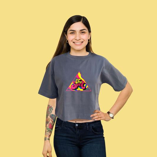 Free Spirit Trendy Graphic Grey Oversize Crop-Top for Women and Girls
