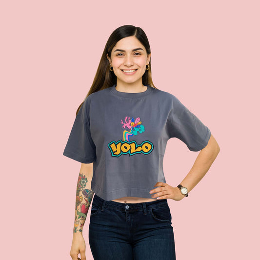 YOLO Trendy Graphic Grey Oversize Crop-Top for Women and Girls