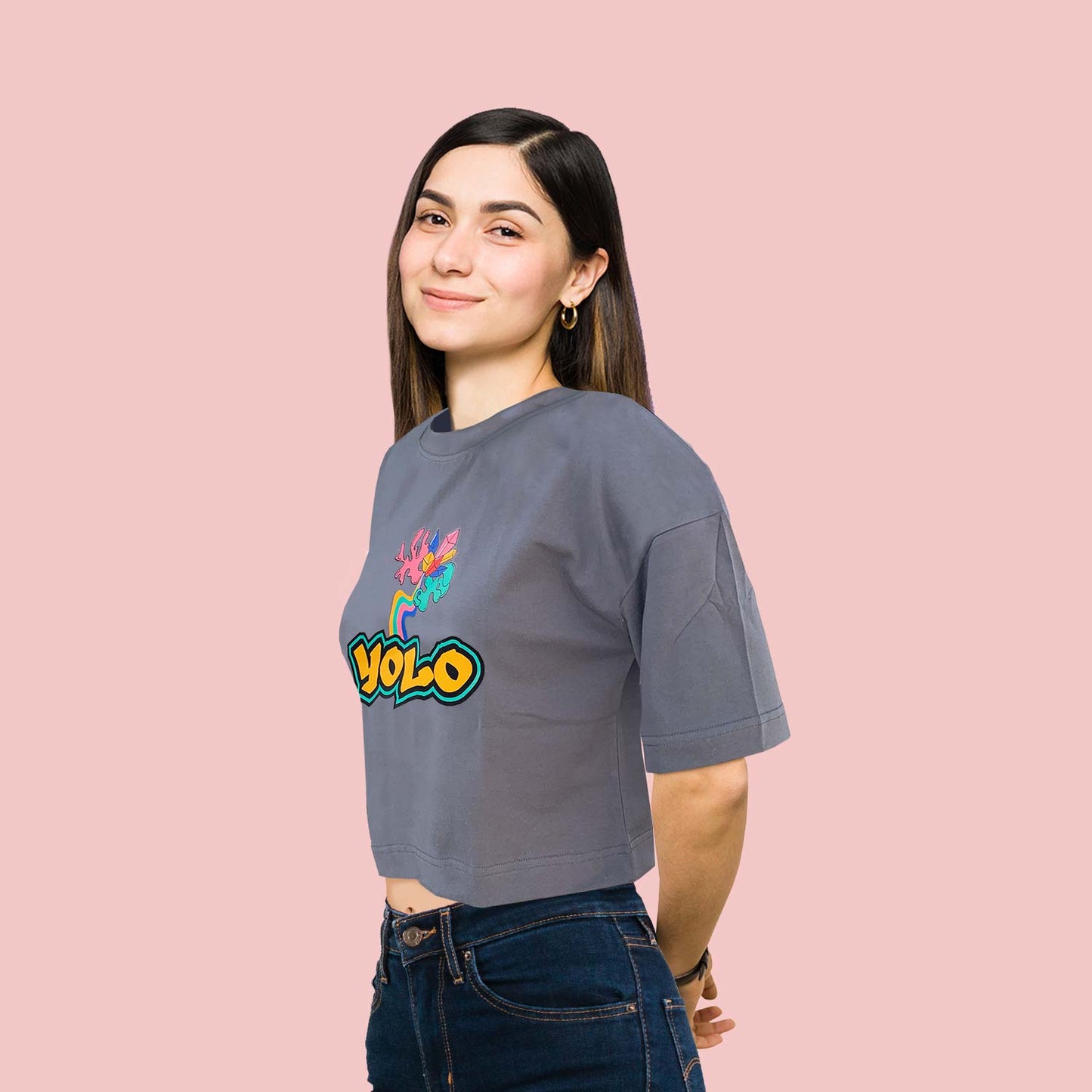 YOLO Trendy Graphic Grey Oversize Crop-Top for Women and Girls