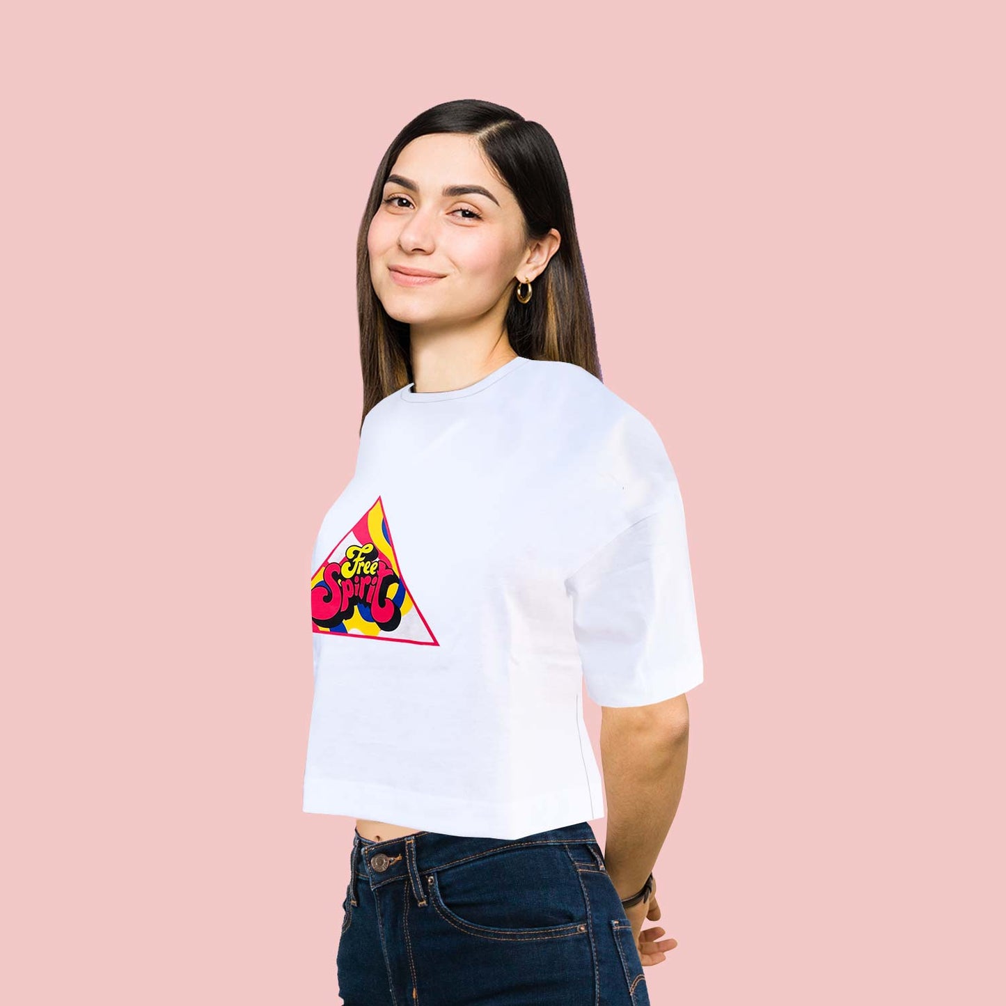 Free Spirit Trendy Graphic White Oversize Crop-Top for Women and Girls
