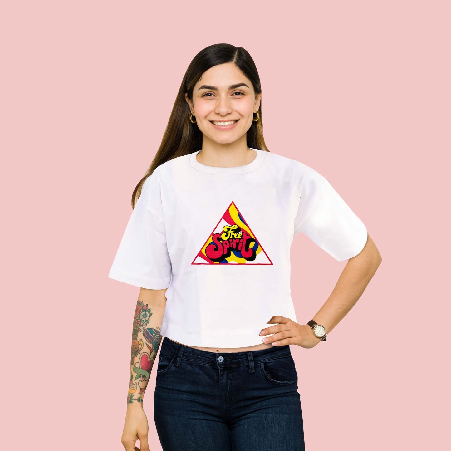 Free Spirit Trendy Graphic White Oversize Crop-Top for Women and Girls