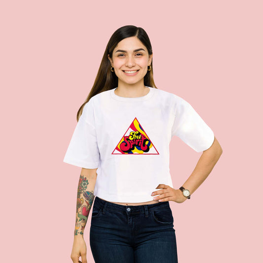 Free Spirit Trendy Graphic White Oversize Crop-Top for Women and Girls