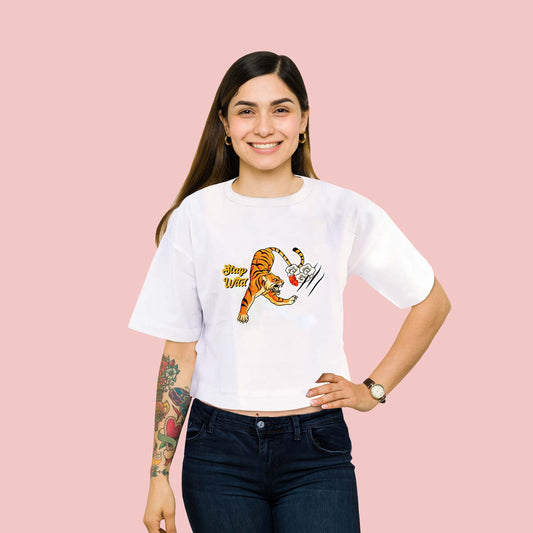 Stay Wild Trendy Graphic White Oversize Crop-Top for Women and Girls
