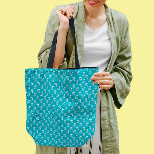 Turquoise Ambi Motif Ethnic Tote Bag for Daily Use Office/ Party/ College Wear