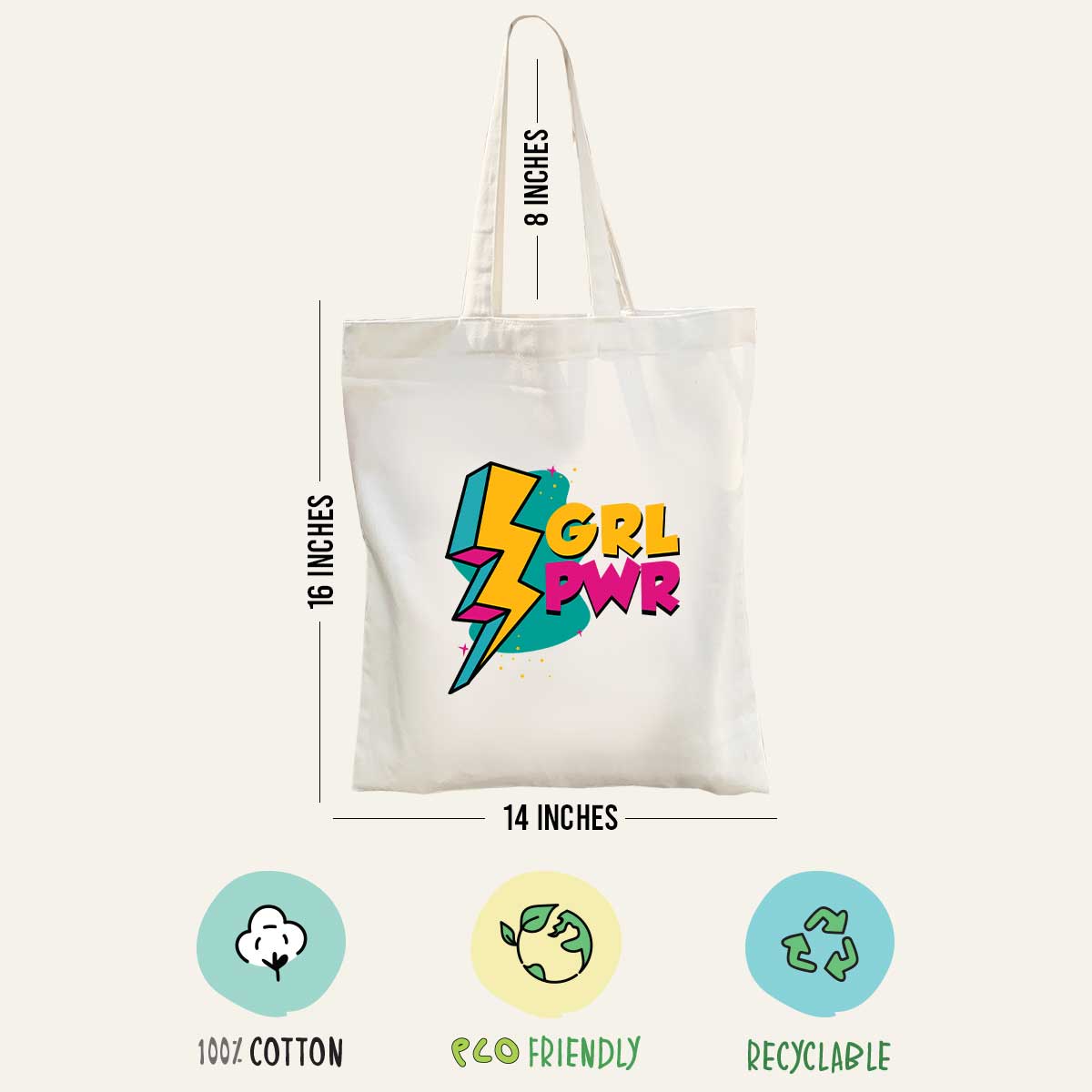 GRL-PWR  White Cotton Tote Bag for Daily Use/ College Wear