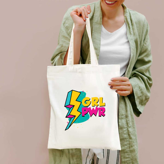GRL-PWR  White Cotton Tote Bag for Daily Use/ College Wear