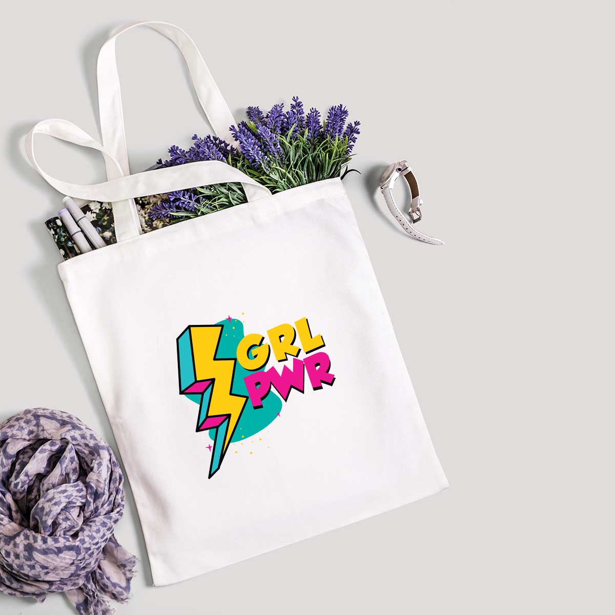 GRL-PWR  White Cotton Tote Bag for Daily Use/ College Wear