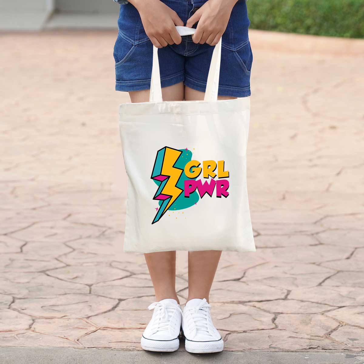 GRL-PWR  White Cotton Tote Bag for Daily Use/ College Wear
