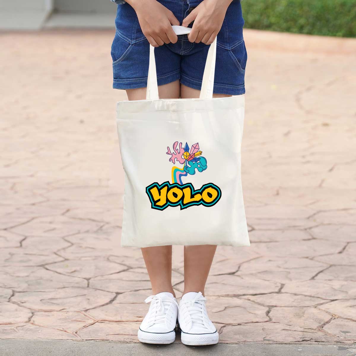 YOLO White Cotton Tote Bag for Daily Use