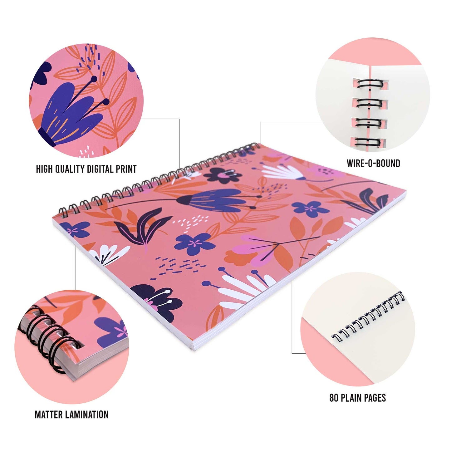 Coral Floral Pattern Wire-O-Bound Graphic Diary/ Notebook
